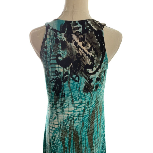 R&M Richards Size 8 Maxi Dress Teal Brown Abstract Print V Neck Belted - Picture 12 of 13